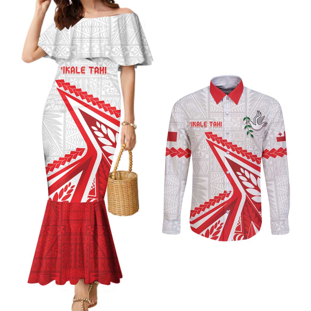 Custom Tonga Rugby 2024 Pacific Couples Matching Mermaid Dress and Long Sleeve Button Shirt Go Ikale Tahi LT05 White - Polynesian Pride