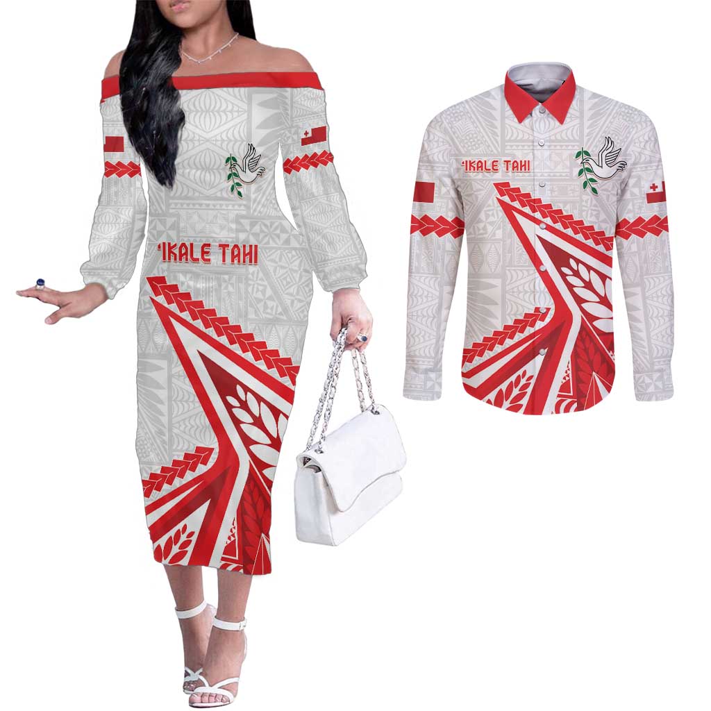 Custom Tonga Rugby 2024 Pacific Couples Matching Off The Shoulder Long Sleeve Dress and Long Sleeve Button Shirt Go Ikale Tahi LT05 White - Polynesian Pride