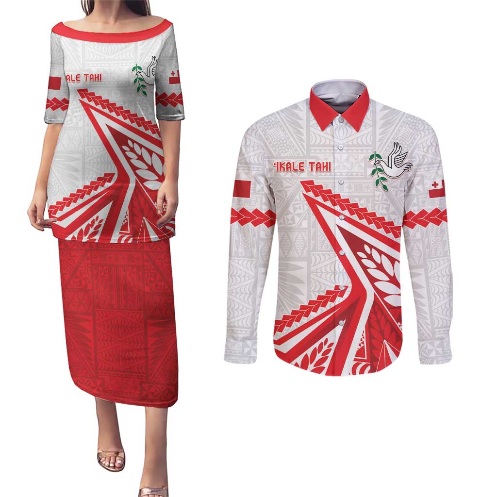 Custom Tonga Rugby 2024 Pacific Couples Matching Puletasi and Long Sleeve Button Shirt Go Ikale Tahi LT05 White - Polynesian Pride