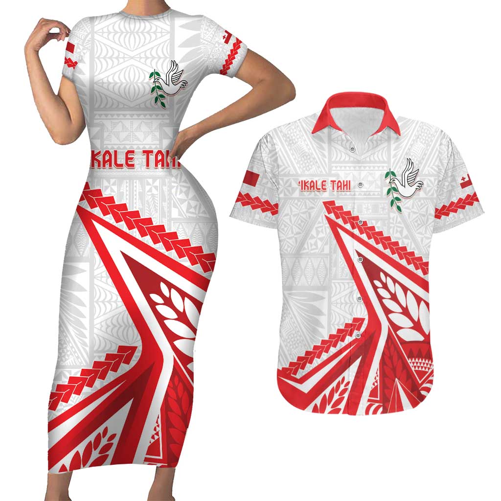 Custom Tonga Rugby 2024 Pacific Couples Matching Short Sleeve Bodycon Dress and Hawaiian Shirt Go Ikale Tahi LT05 White - Polynesian Pride