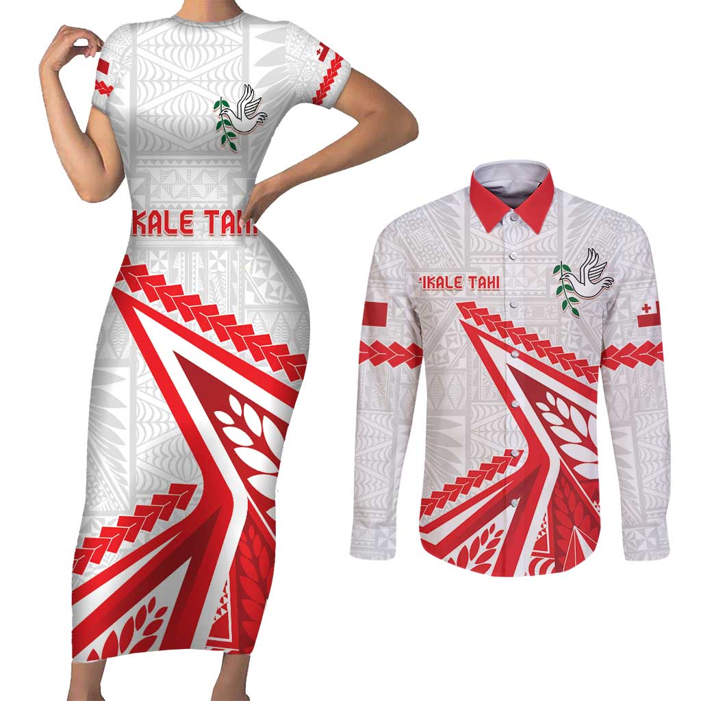 Custom Tonga Rugby 2024 Pacific Couples Matching Short Sleeve Bodycon Dress and Long Sleeve Button Shirt Go Ikale Tahi LT05 White - Polynesian Pride