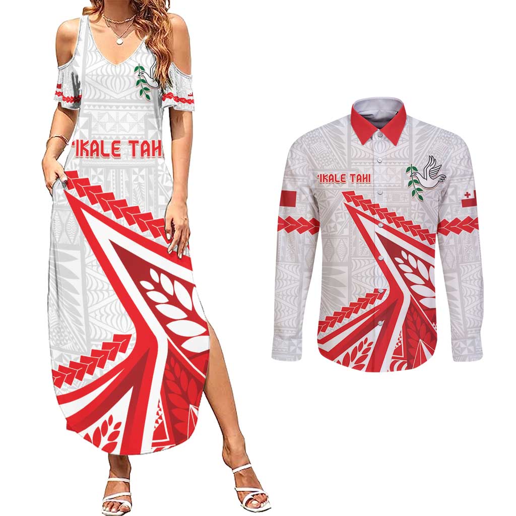Custom Tonga Rugby 2024 Pacific Couples Matching Summer Maxi Dress and Long Sleeve Button Shirt Go Ikale Tahi LT05 White - Polynesian Pride