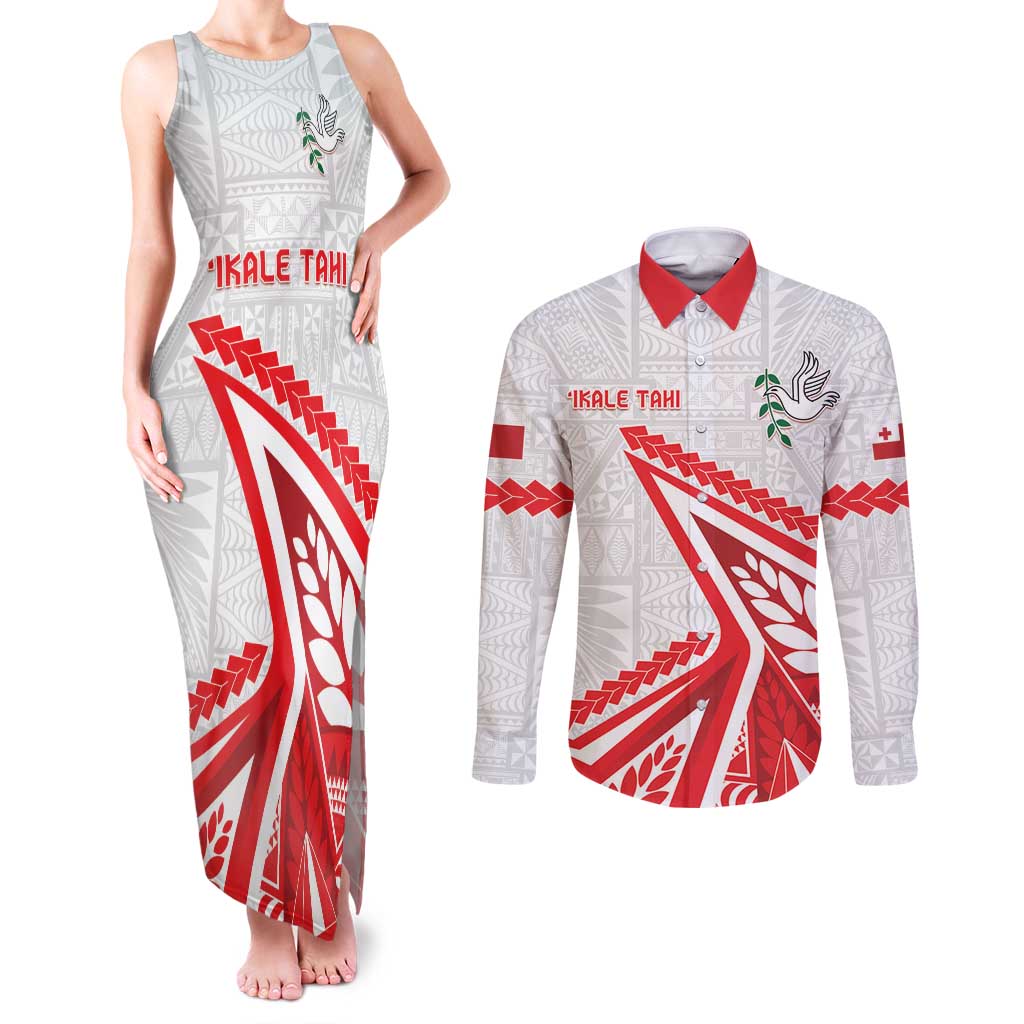Custom Tonga Rugby 2024 Pacific Couples Matching Tank Maxi Dress and Long Sleeve Button Shirt Go Ikale Tahi LT05 White - Polynesian Pride