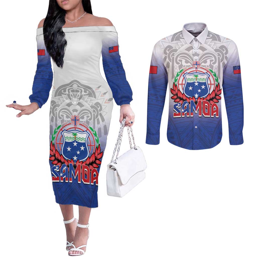 Custom Samoa Rugby 2024 Pacific Couples Matching Off The Shoulder Long Sleeve Dress and Long Sleeve Button Shirt Go Manu Samoa