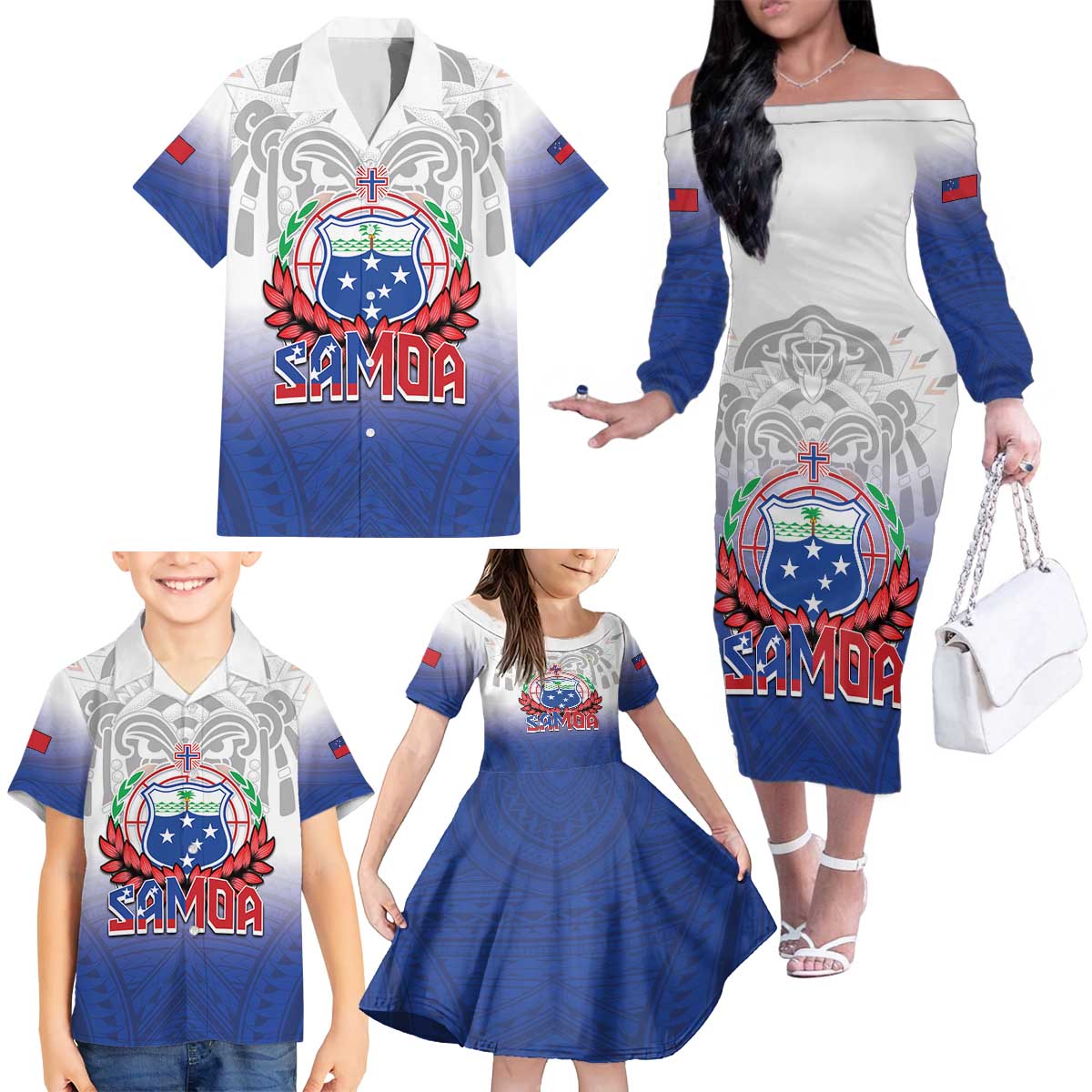 Custom Samoa Rugby 2024 Pacific Family Matching Off The Shoulder Long Sleeve Dress and Hawaiian Shirt Go Manu Samoa