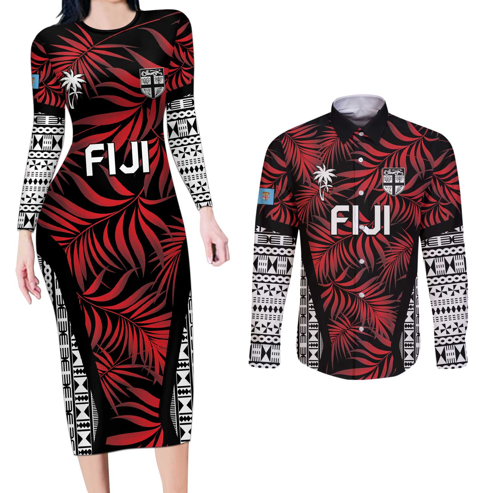 Custom Flying Fijians Rugby 2024 Pacific Couples Matching Long Sleeve Bodycon Dress and Long Sleeve Button Shirt Go Fiji