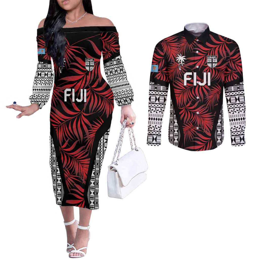 Custom Flying Fijians Rugby 2024 Pacific Couples Matching Off The Shoulder Long Sleeve Dress and Long Sleeve Button Shirt Go Fiji