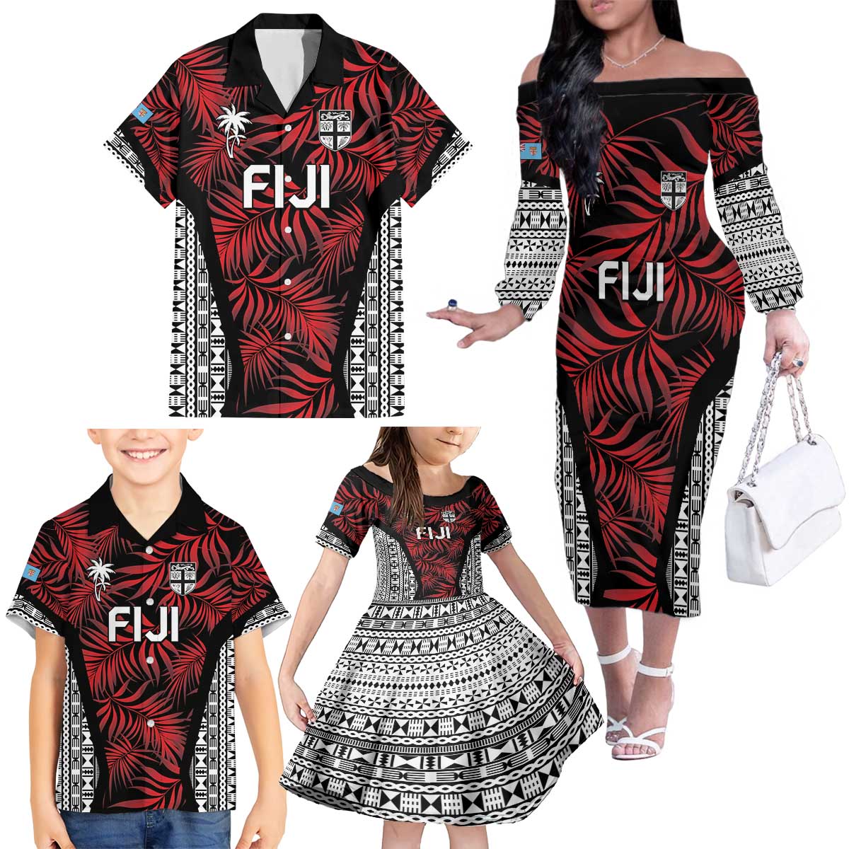 Custom Flying Fijians Rugby 2024 Pacific Family Matching Off The Shoulder Long Sleeve Dress and Hawaiian Shirt Go Fiji