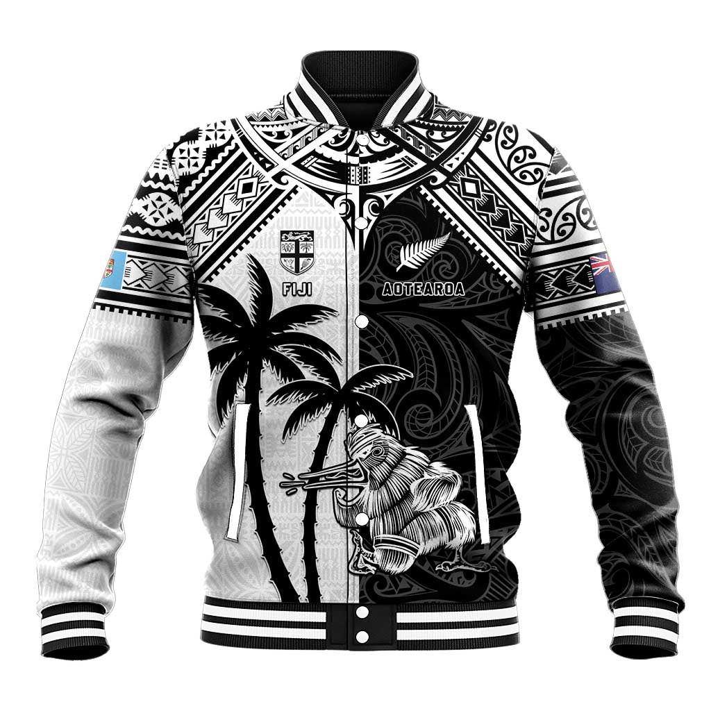 Custom New Zealand And Fiji Rugby 2024 Baseball Jacket Maori Kiwi With Fijian Palm Tree