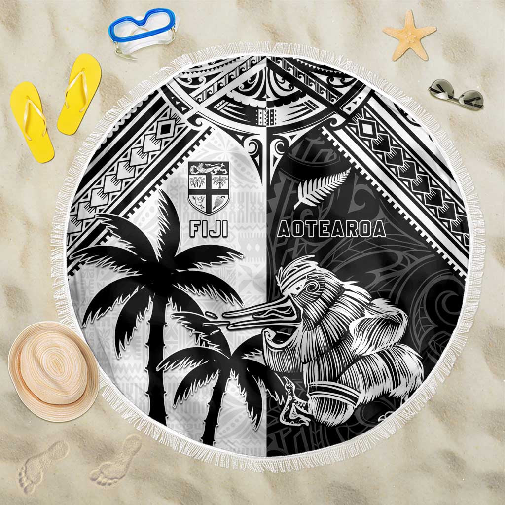 New Zealand And Fiji Rugby 2024 Beach Blanket Maori Kiwi With Fijian Palm Tree