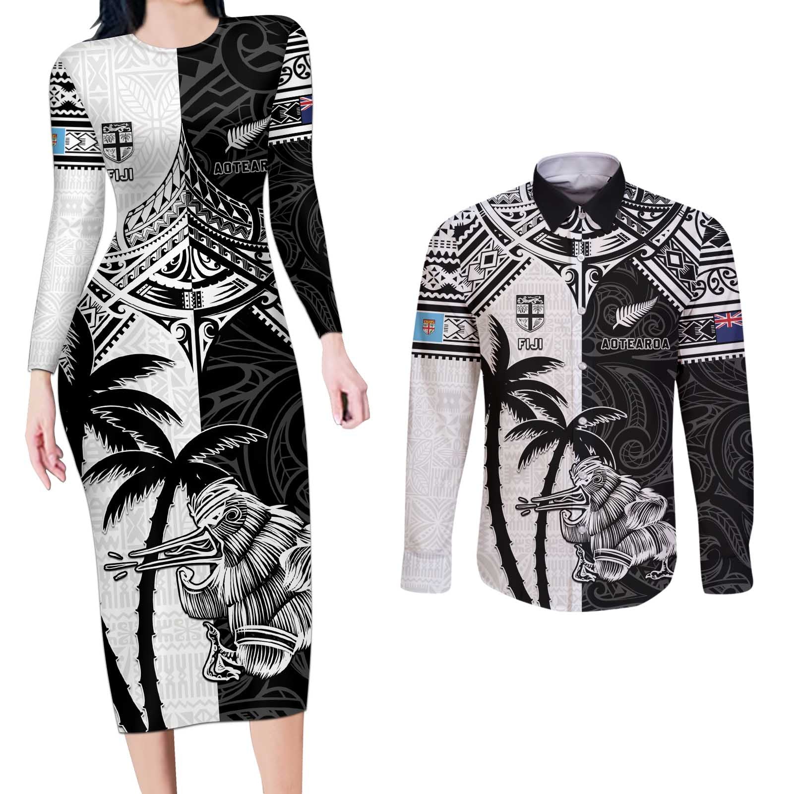 Custom New Zealand And Fiji Rugby 2024 Couples Matching Long Sleeve Bodycon Dress and Long Sleeve Button Shirt Maori Kiwi With Fijian Palm Tree