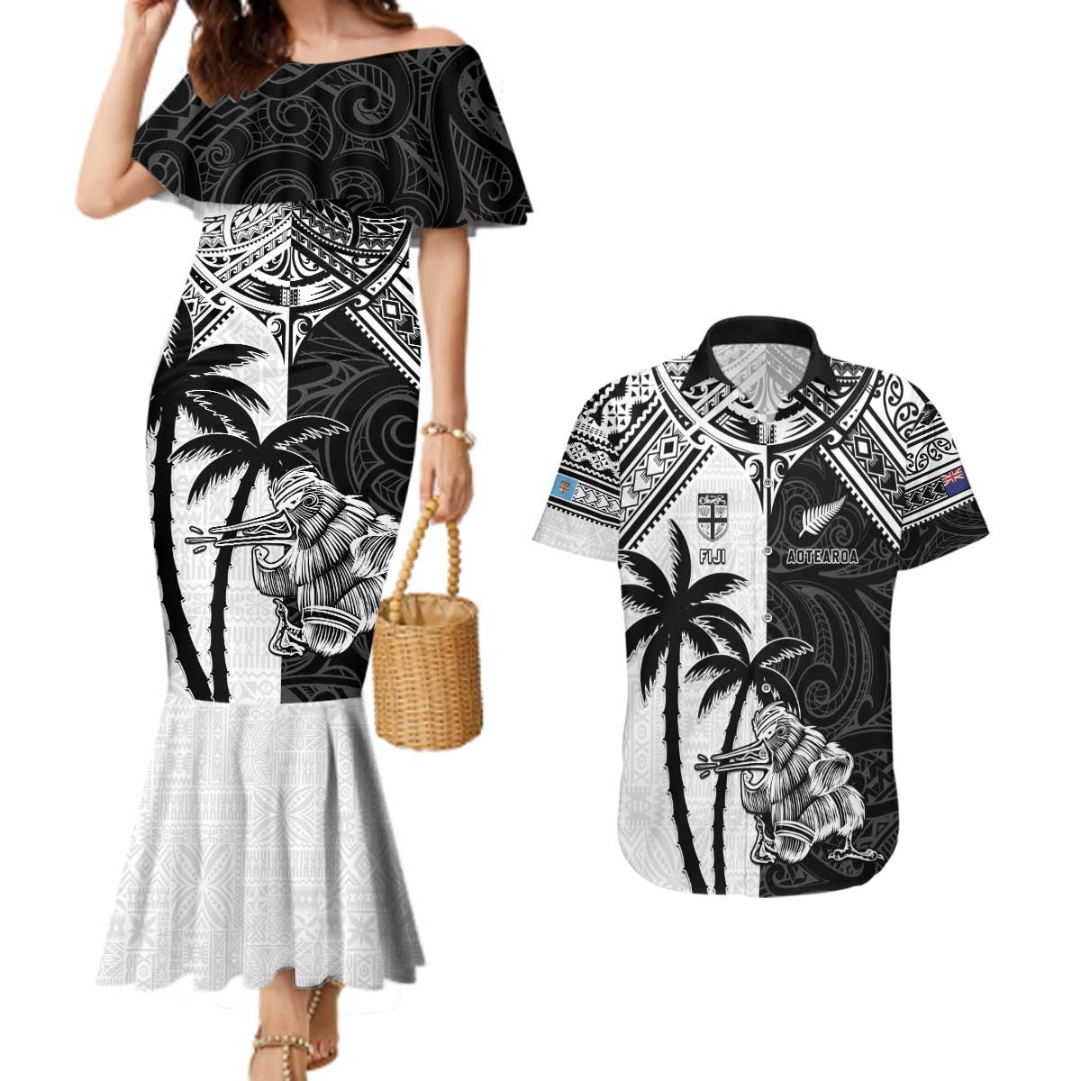 Custom New Zealand And Fiji Rugby 2024 Couples Matching Mermaid Dress and Hawaiian Shirt Maori Kiwi With Fijian Palm Tree