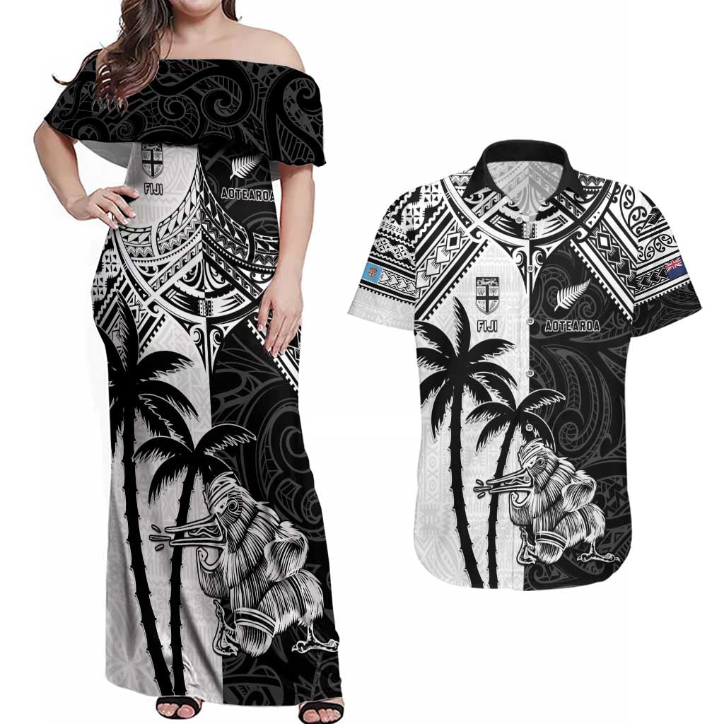 Custom New Zealand And Fiji Rugby 2024 Couples Matching Off Shoulder Maxi Dress and Hawaiian Shirt Maori Kiwi With Fijian Palm Tree