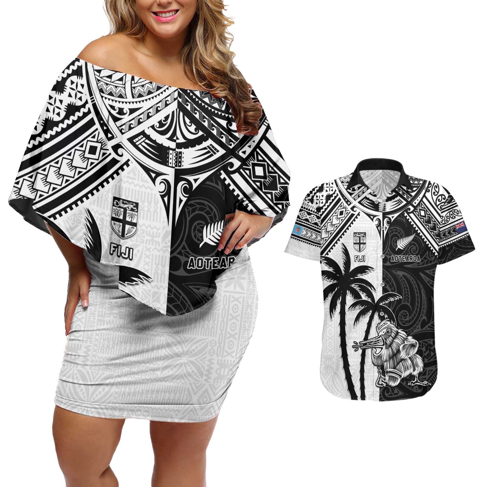 Custom New Zealand And Fiji Rugby 2024 Couples Matching Off Shoulder Short Dress and Hawaiian Shirt Maori Kiwi With Fijian Palm Tree