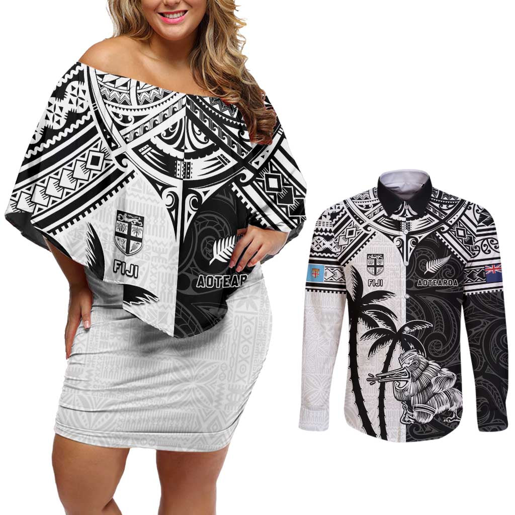 Custom New Zealand And Fiji Rugby 2024 Couples Matching Off Shoulder Short Dress and Long Sleeve Button Shirt Maori Kiwi With Fijian Palm Tree