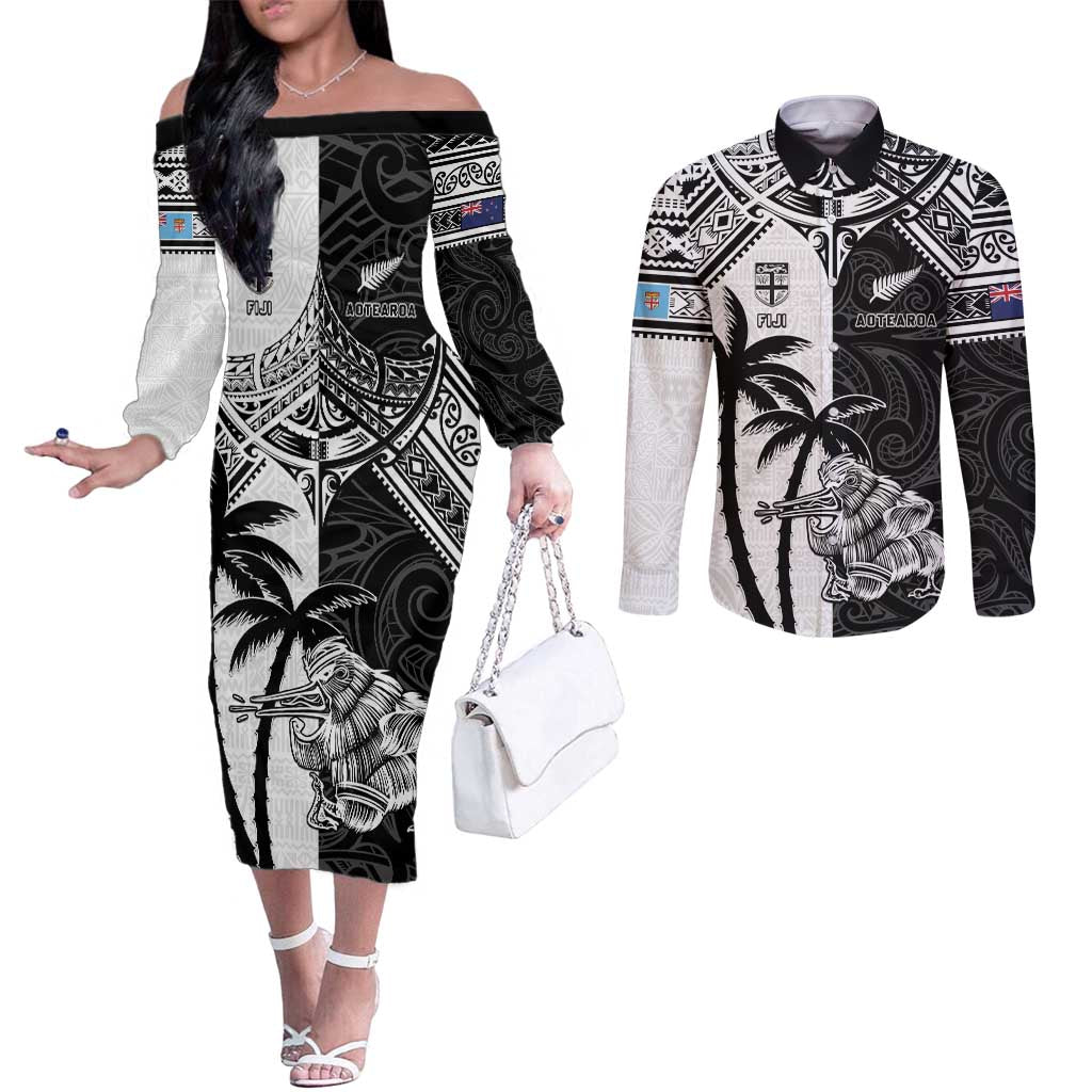 Custom New Zealand And Fiji Rugby 2024 Couples Matching Off The Shoulder Long Sleeve Dress and Long Sleeve Button Shirt Maori Kiwi With Fijian Palm Tree