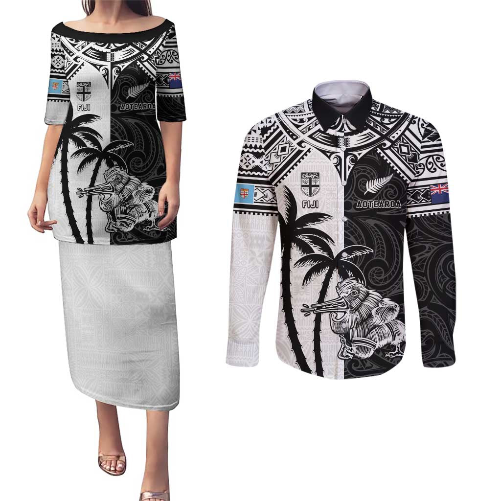 Custom New Zealand And Fiji Rugby 2024 Couples Matching Puletasi and Long Sleeve Button Shirt Maori Kiwi With Fijian Palm Tree