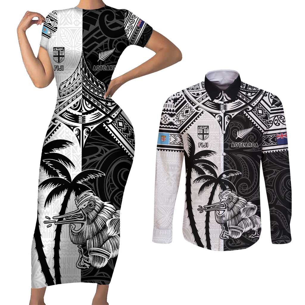 Custom New Zealand And Fiji Rugby 2024 Couples Matching Short Sleeve Bodycon Dress and Long Sleeve Button Shirt Maori Kiwi With Fijian Palm Tree