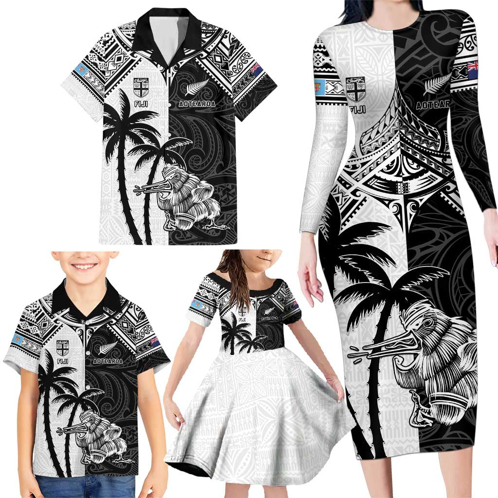 Custom New Zealand And Fiji Rugby 2024 Family Matching Long Sleeve Bodycon Dress and Hawaiian Shirt Maori Kiwi With Fijian Palm Tree