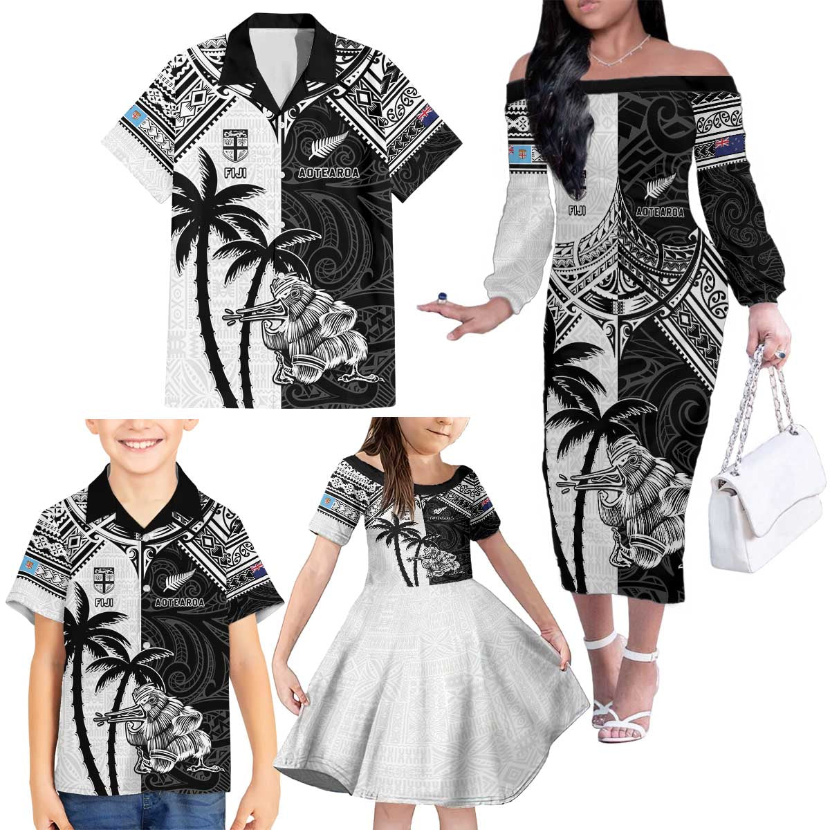 Custom New Zealand And Fiji Rugby 2024 Family Matching Off The Shoulder Long Sleeve Dress and Hawaiian Shirt Maori Kiwi With Fijian Palm Tree