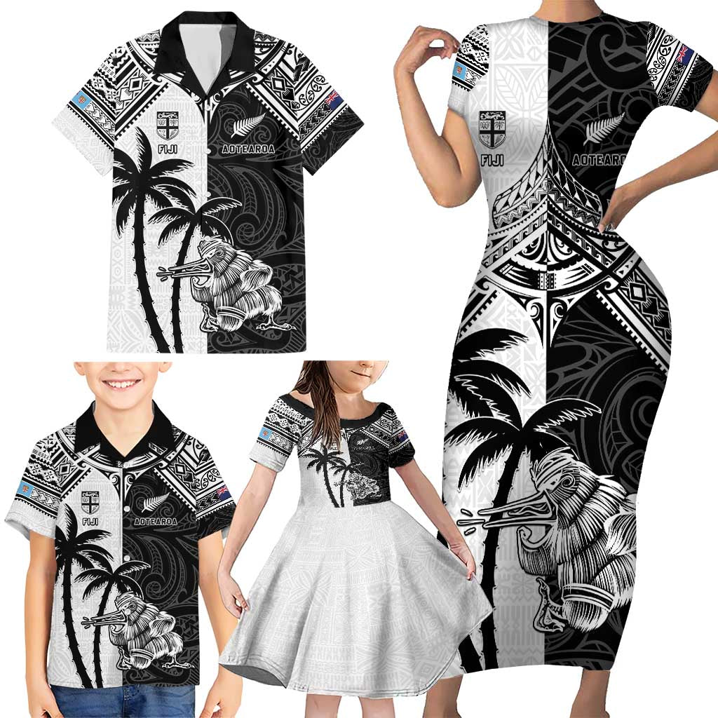 Custom New Zealand And Fiji Rugby 2024 Family Matching Short Sleeve Bodycon Dress and Hawaiian Shirt Maori Kiwi With Fijian Palm Tree