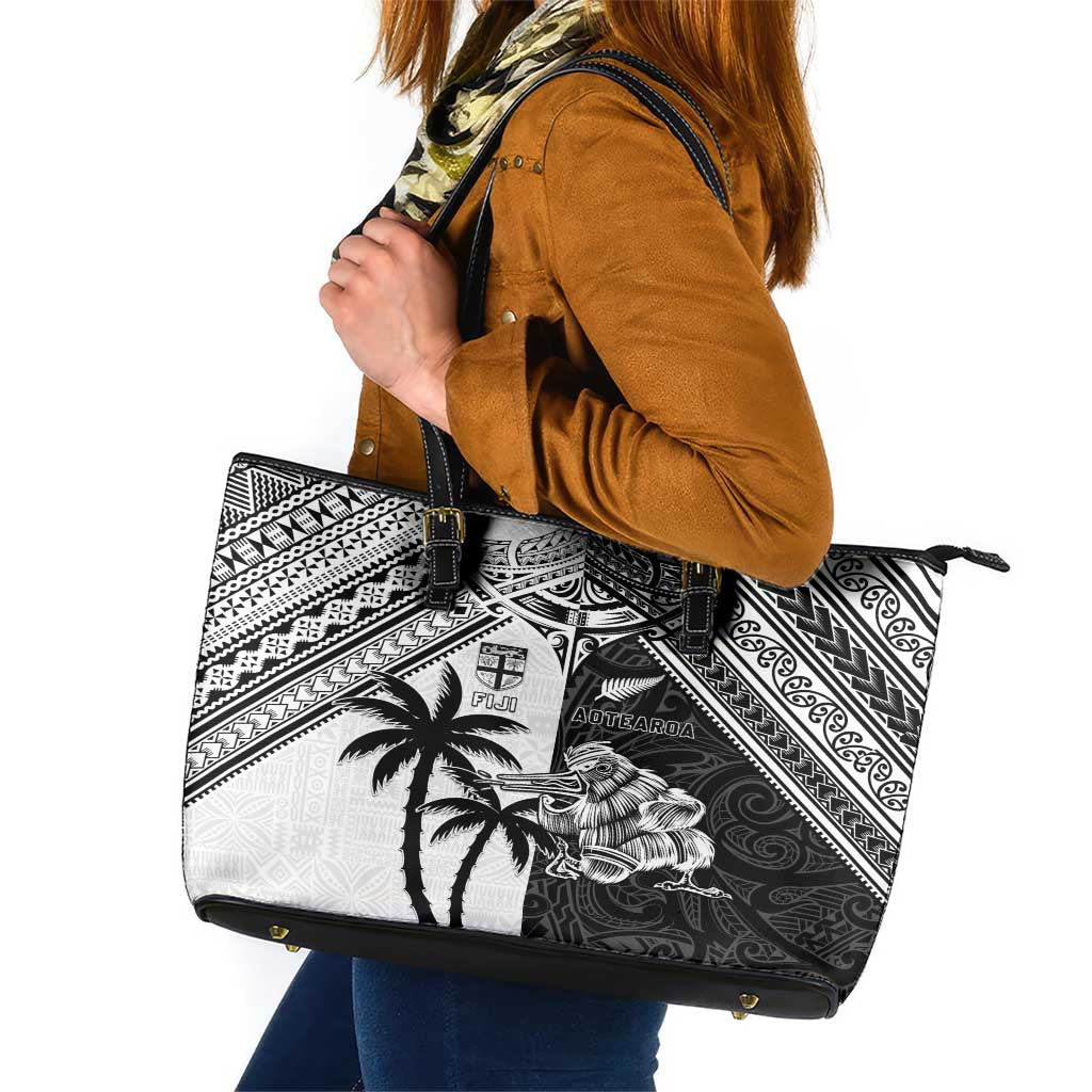 New Zealand And Fiji Rugby 2024 Leather Tote Bag Maori Kiwi With Fijian Palm Tree