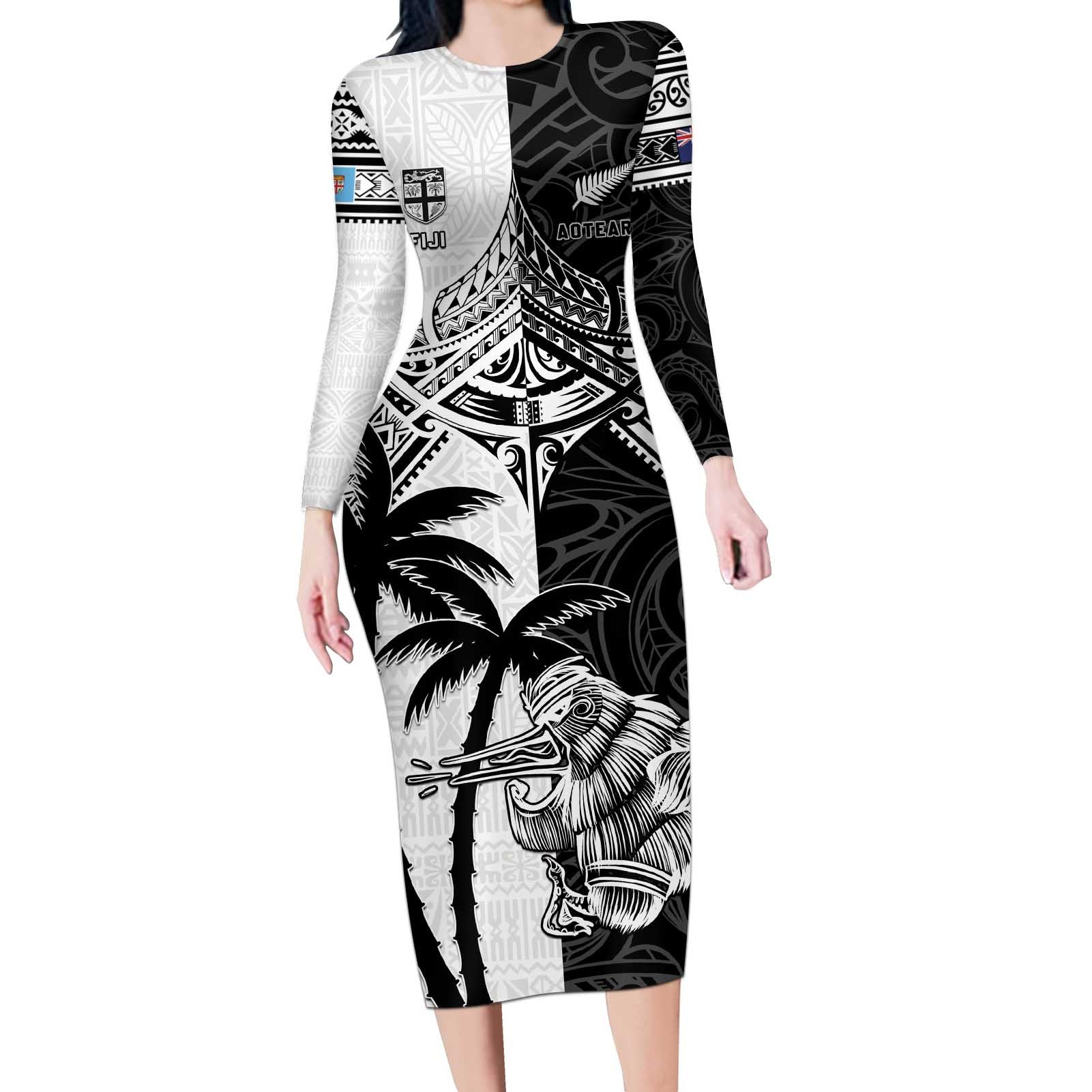 Custom New Zealand And Fiji Rugby 2024 Long Sleeve Bodycon Dress Maori Kiwi With Fijian Palm Tree