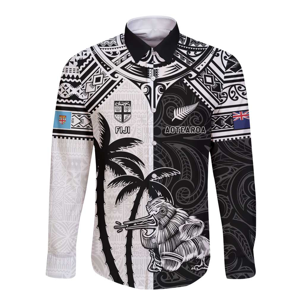 Custom New Zealand And Fiji Rugby 2024 Long Sleeve Button Shirt Maori Kiwi With Fijian Palm Tree