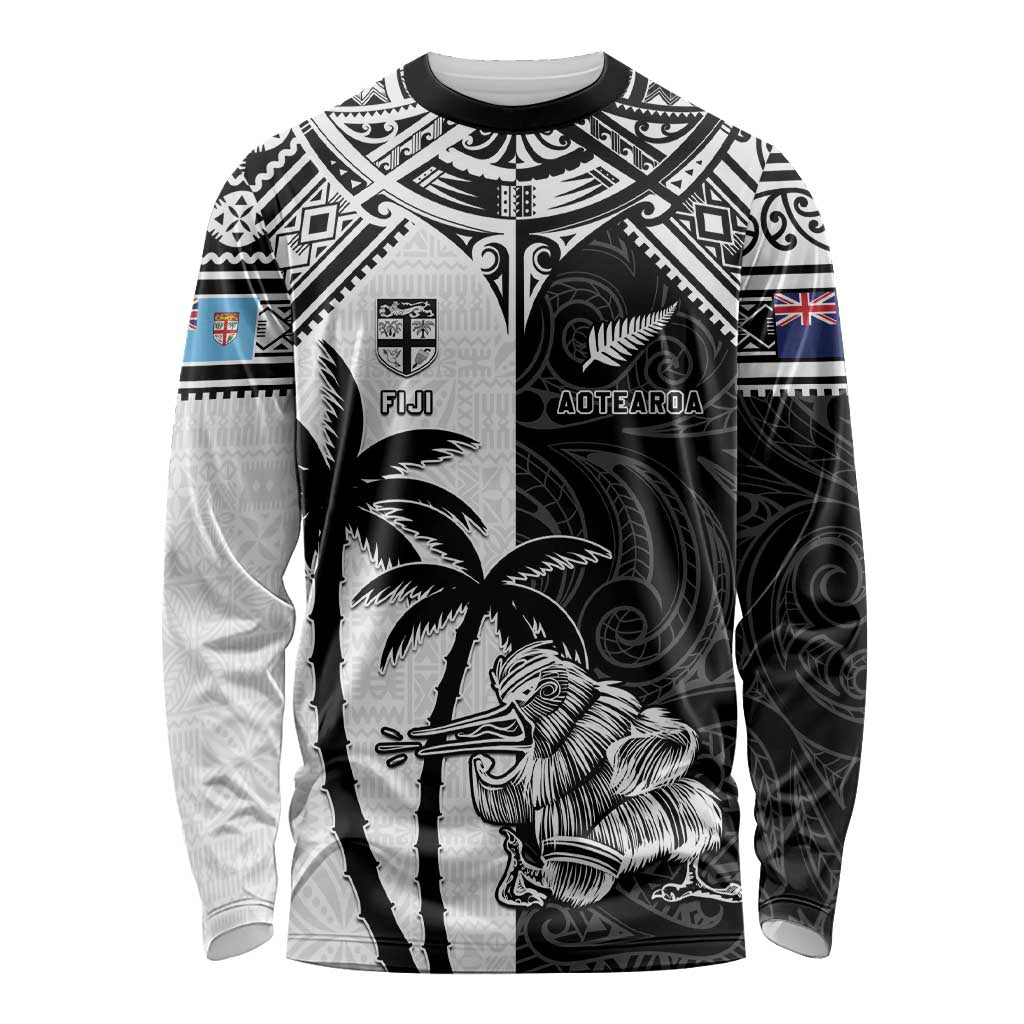 Custom New Zealand And Fiji Rugby 2024 Long Sleeve Shirt Maori Kiwi With Fijian Palm Tree