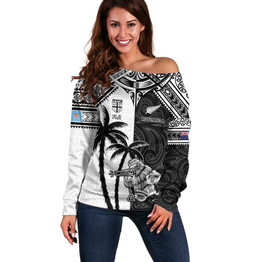 Custom New Zealand And Fiji Rugby 2024 Off Shoulder Sweater Maori Kiwi With Fijian Palm Tree