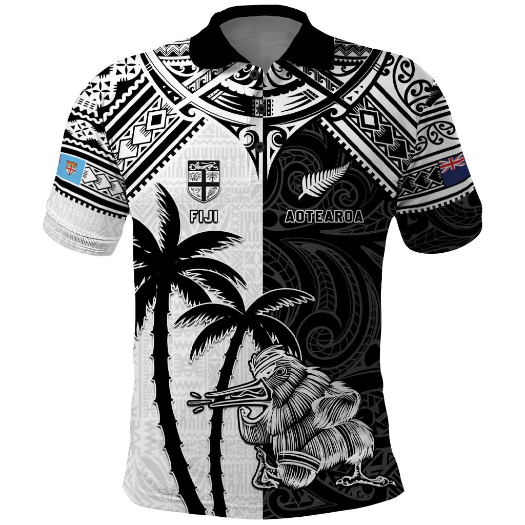 Custom New Zealand And Fiji Rugby 2024 Polo Shirt Maori Kiwi With Fijian Palm Tree