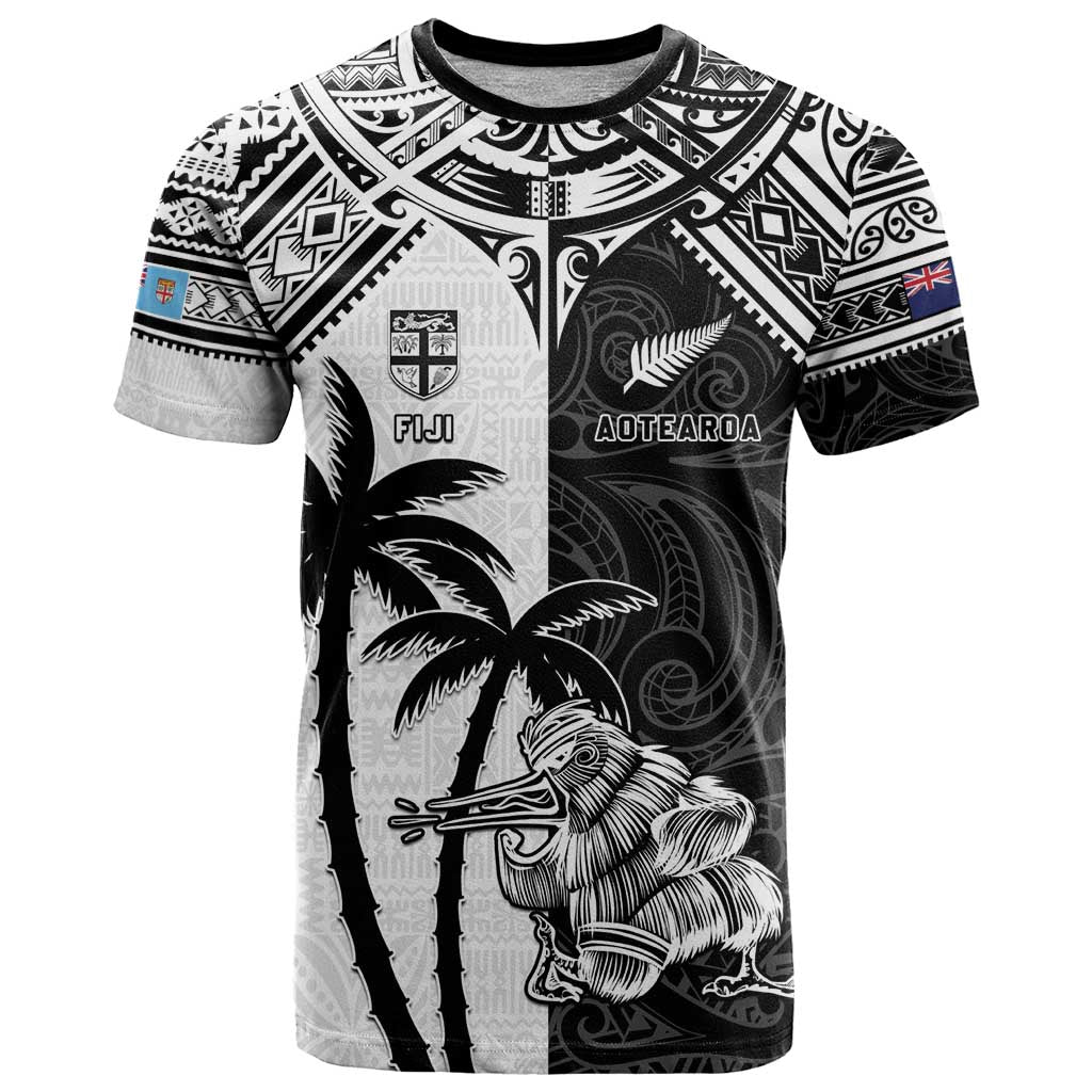 Custom New Zealand And Fiji Rugby 2024 T Shirt Maori Kiwi With Fijian Palm Tree