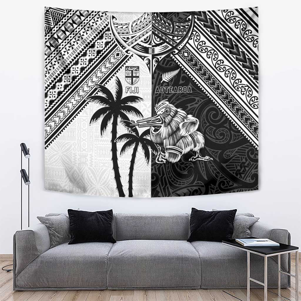 New Zealand And Fiji Rugby 2024 Tapestry Maori Kiwi With Fijian Palm Tree