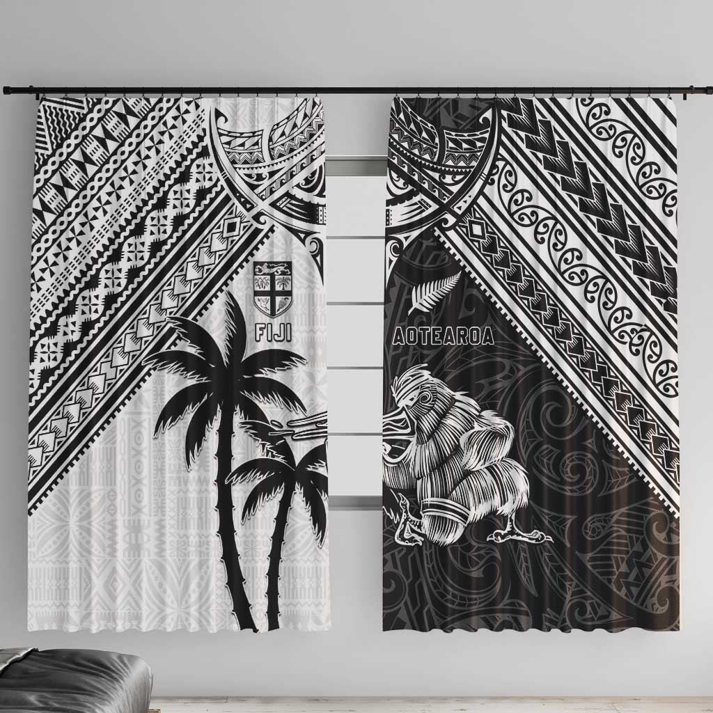 New Zealand And Fiji Rugby 2024 Window Curtain Maori Kiwi With Fijian Palm Tree