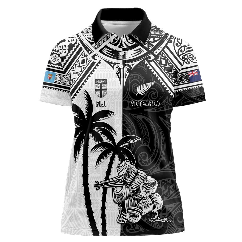 Custom New Zealand And Fiji Rugby 2024 Women Polo Shirt Maori Kiwi With Fijian Palm Tree