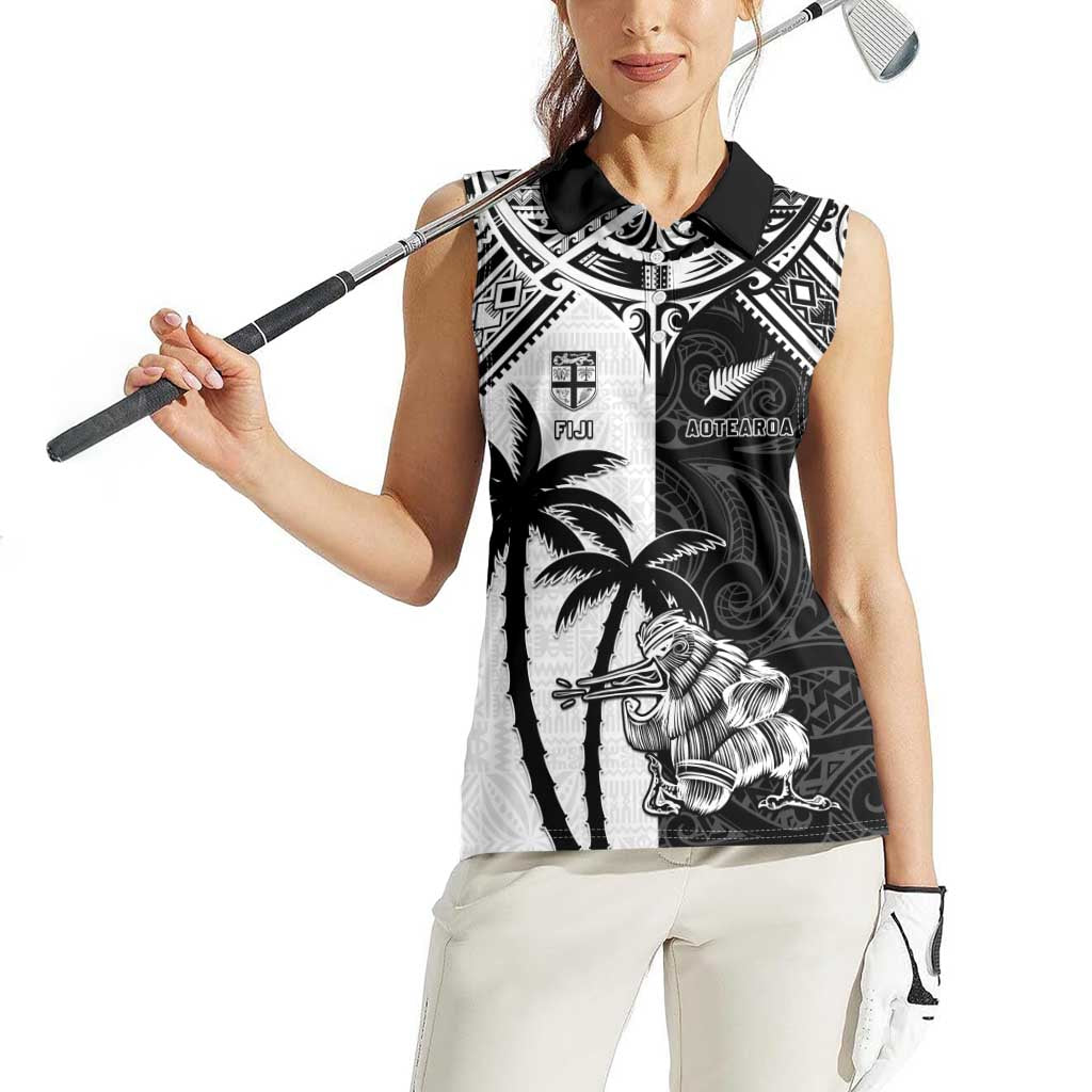 Custom New Zealand And Fiji Rugby 2024 Women Sleeveless Polo Shirt Maori Kiwi With Fijian Palm Tree