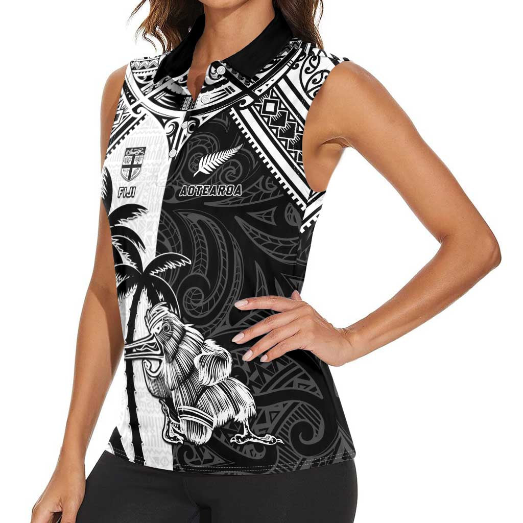 Custom New Zealand And Fiji Rugby 2024 Women Sleeveless Polo Shirt Maori Kiwi With Fijian Palm Tree