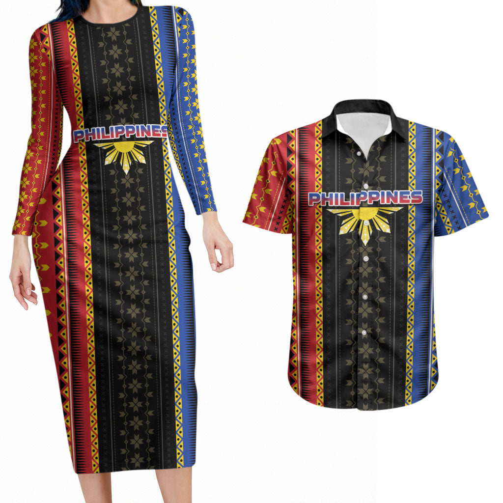 Personalised Philippines Filipinos Couples Matching Long Sleeve Bodycon Dress and Hawaiian Shirt Igorot Tribal Inspiration Pattern Style