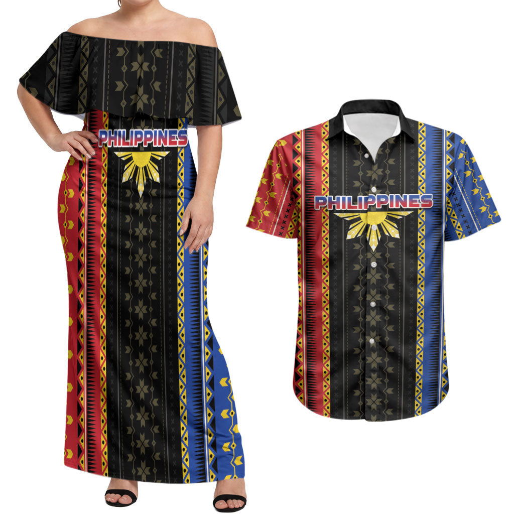 Personalised Philippines Filipinos Couples Matching Off Shoulder Maxi Dress and Hawaiian Shirt Igorot Tribal Inspiration Pattern Style
