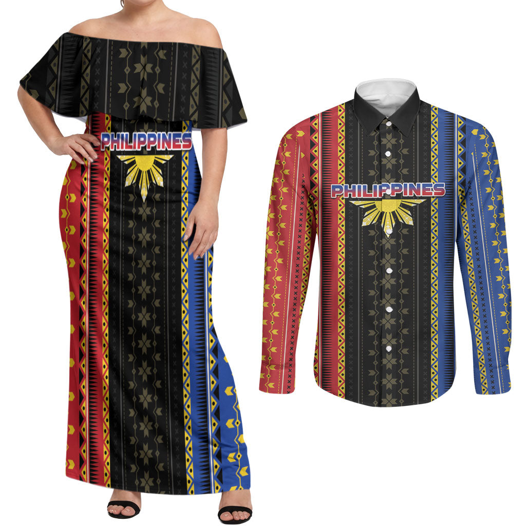 Personalised Philippines Filipinos Couples Matching Off Shoulder Maxi Dress and Long Sleeve Button Shirt Igorot Tribal Inspiration Pattern Style