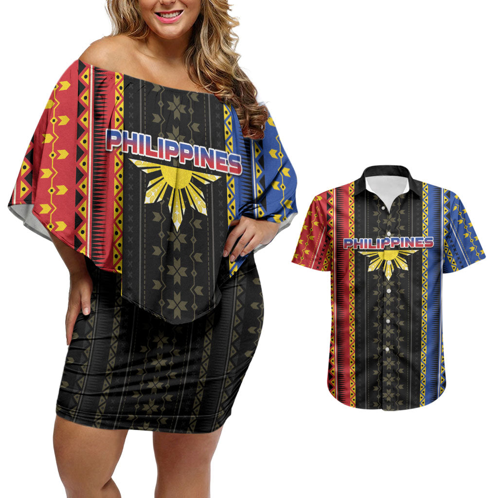 Personalised Philippines Filipinos Couples Matching Off Shoulder Short Dress and Hawaiian Shirt Igorot Tribal Inspiration Pattern Style