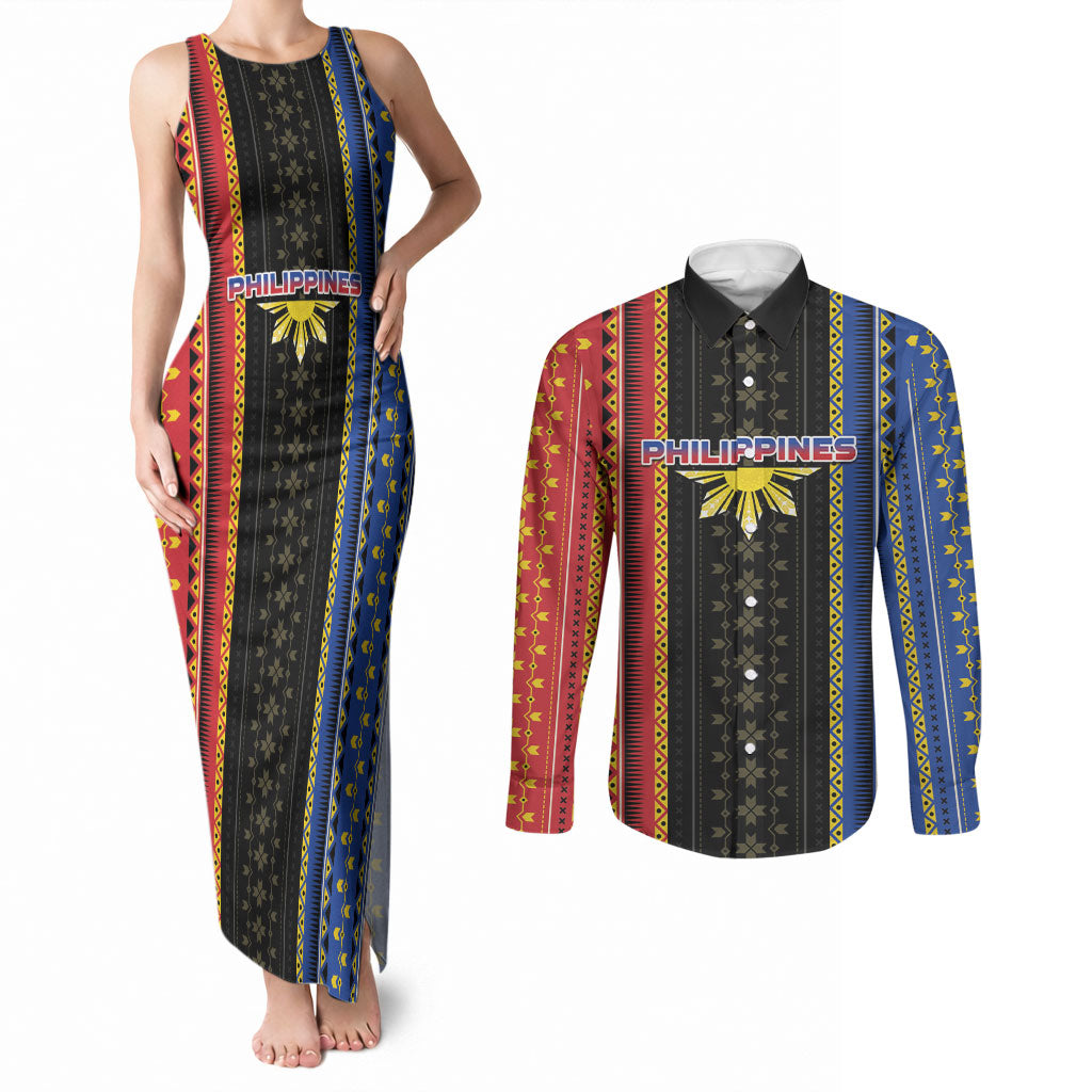 Personalised Philippines Filipinos Couples Matching Tank Maxi Dress and Long Sleeve Button Shirt Igorot Tribal Inspiration Pattern Style