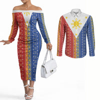 Philippines Sun Couples Matching Off The Shoulder Long Sleeve Dress and Long Sleeve Button Shirt Igorot Tribal Inspiration
