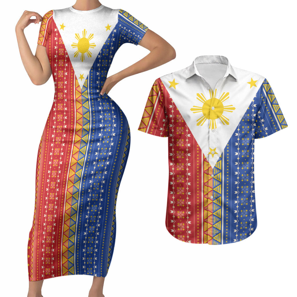 Philippines Sun Couples Matching Short Sleeve Bodycon Dress and Hawaiian Shirt Igorot Tribal Inspiration