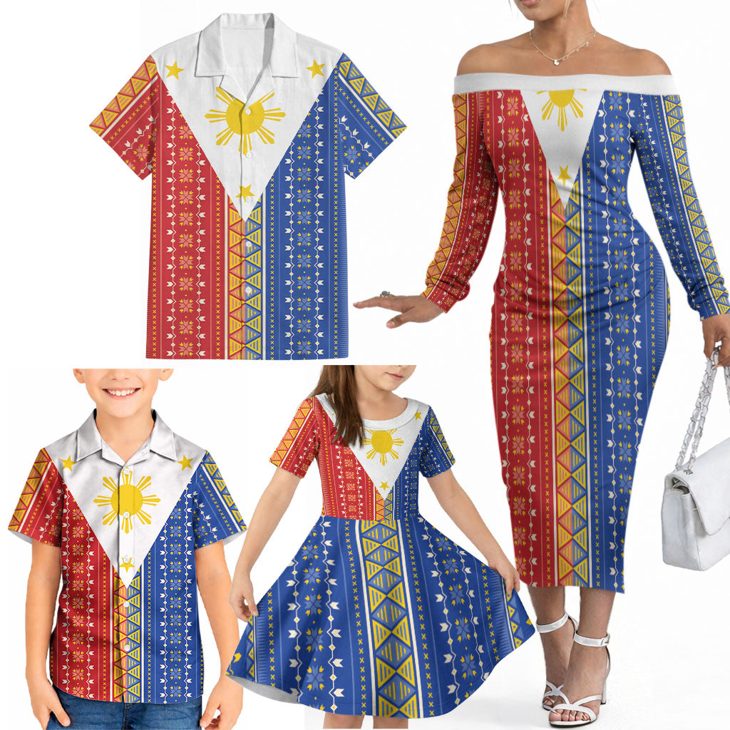 Philippines Sun Family Matching Off The Shoulder Long Sleeve Dress and Hawaiian Shirt Igorot Tribal Inspiration LT05 - Polynesian Pride