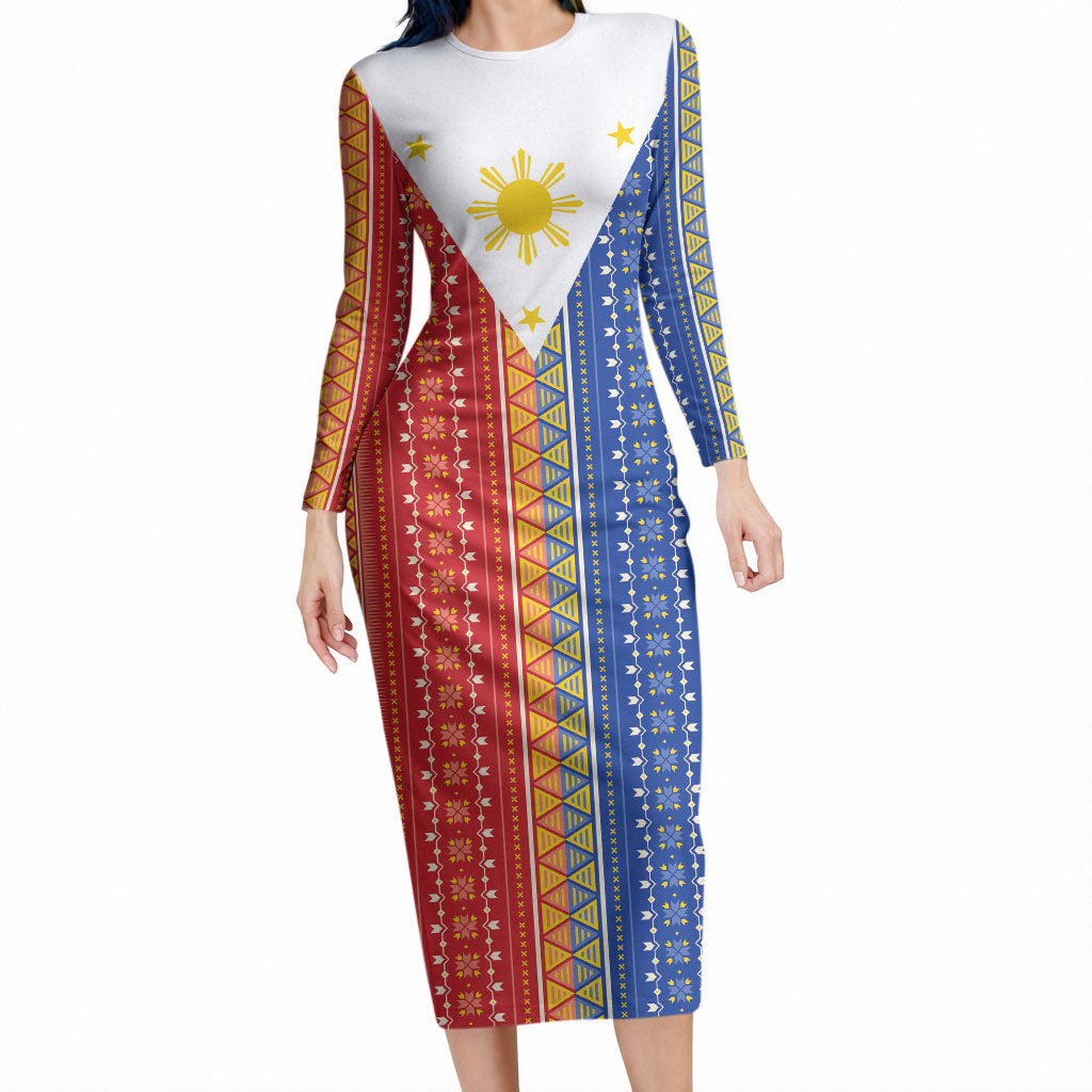 Philippines Sun Long Sleeve Bodycon Dress Igorot Tribal Inspiration LT05 Long Dress Colorful - Polynesian Pride