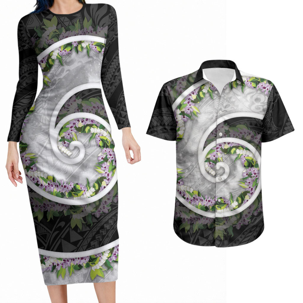 Piko Hawaii Couples Matching Long Sleeve Bodycon Dress and Hawaiian Shirt Polynesian Pattern With Maile Pikake Honohono Lei