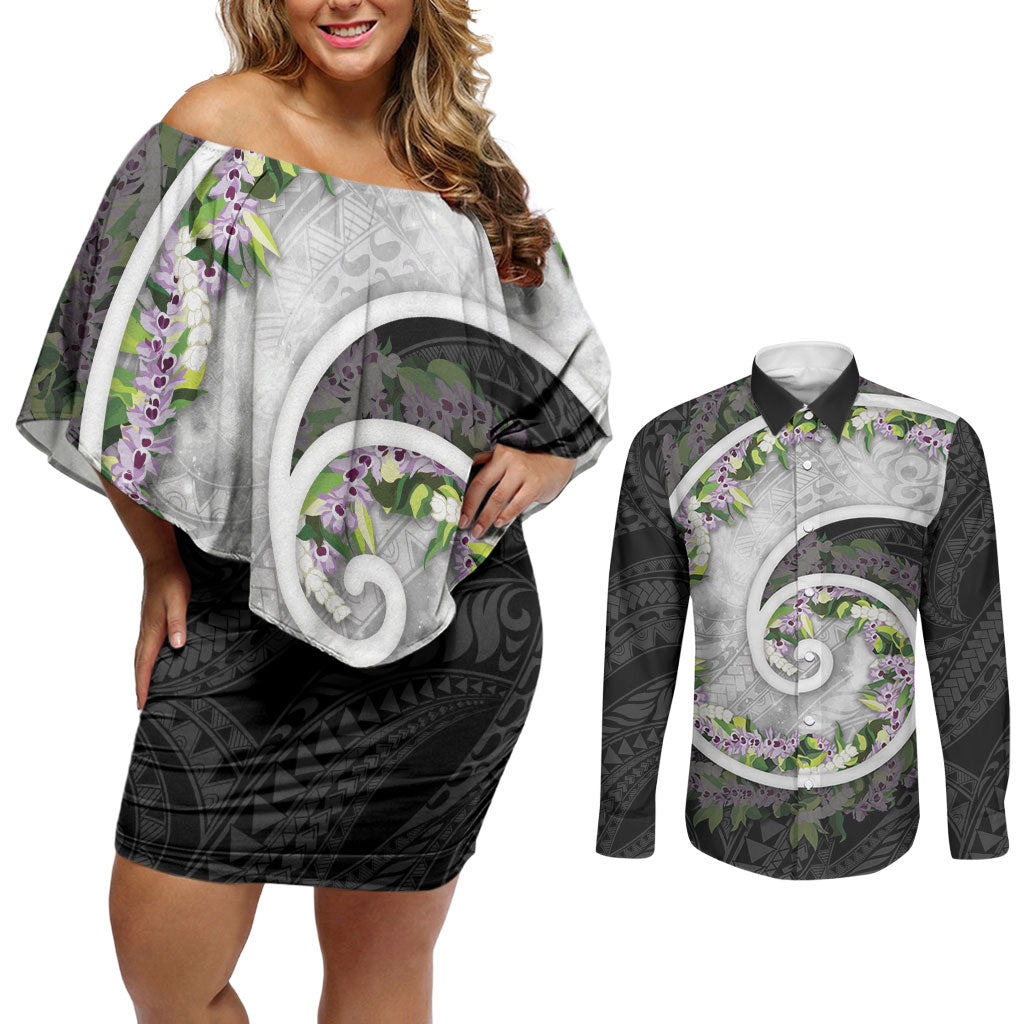 Piko Hawaii Couples Matching Off Shoulder Short Dress and Long Sleeve Button Shirt Polynesian Pattern With Maile Pikake Honohono Lei