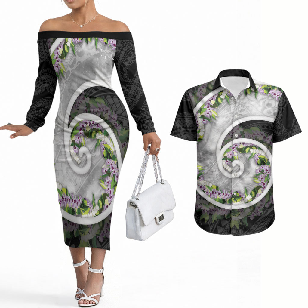 Piko Hawaii Couples Matching Off The Shoulder Long Sleeve Dress and Hawaiian Shirt Polynesian Pattern With Maile Pikake Honohono Lei
