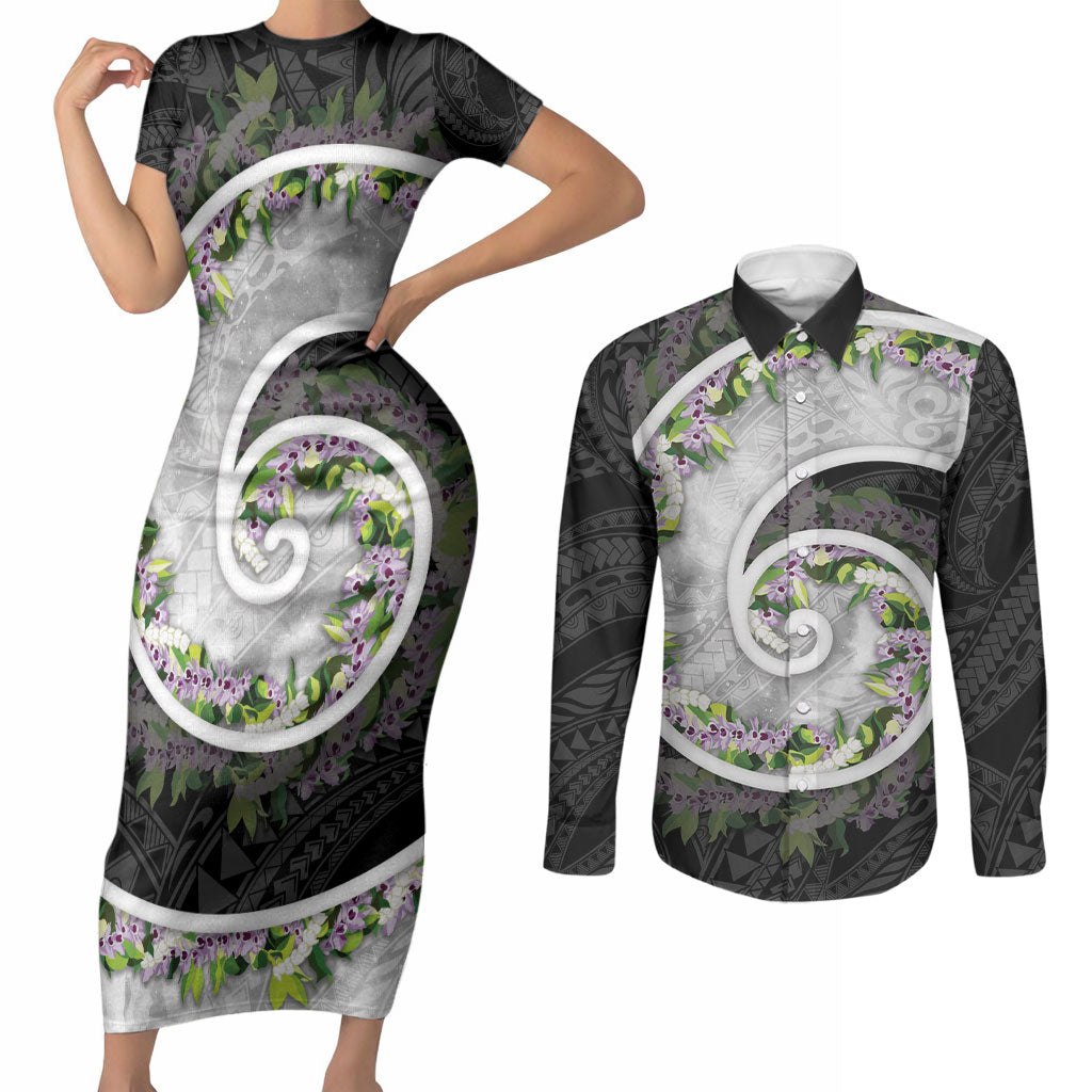 Piko Hawaii Couples Matching Short Sleeve Bodycon Dress and Long Sleeve Button Shirt Polynesian Pattern With Maile Pikake Honohono Lei